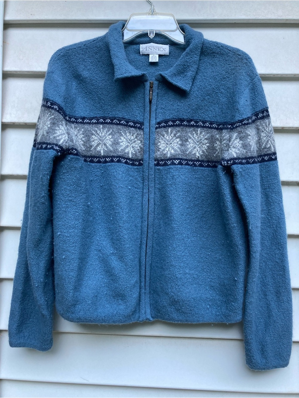 Casual Corner Annex Womens XL Blue Zip-Front Nordic Wool Cardigan Sweater VTG